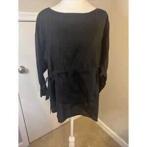 Eileen Fisher Women's 100% Linen Blouse Top Small Petit, Black With‎ Tie, Solid
